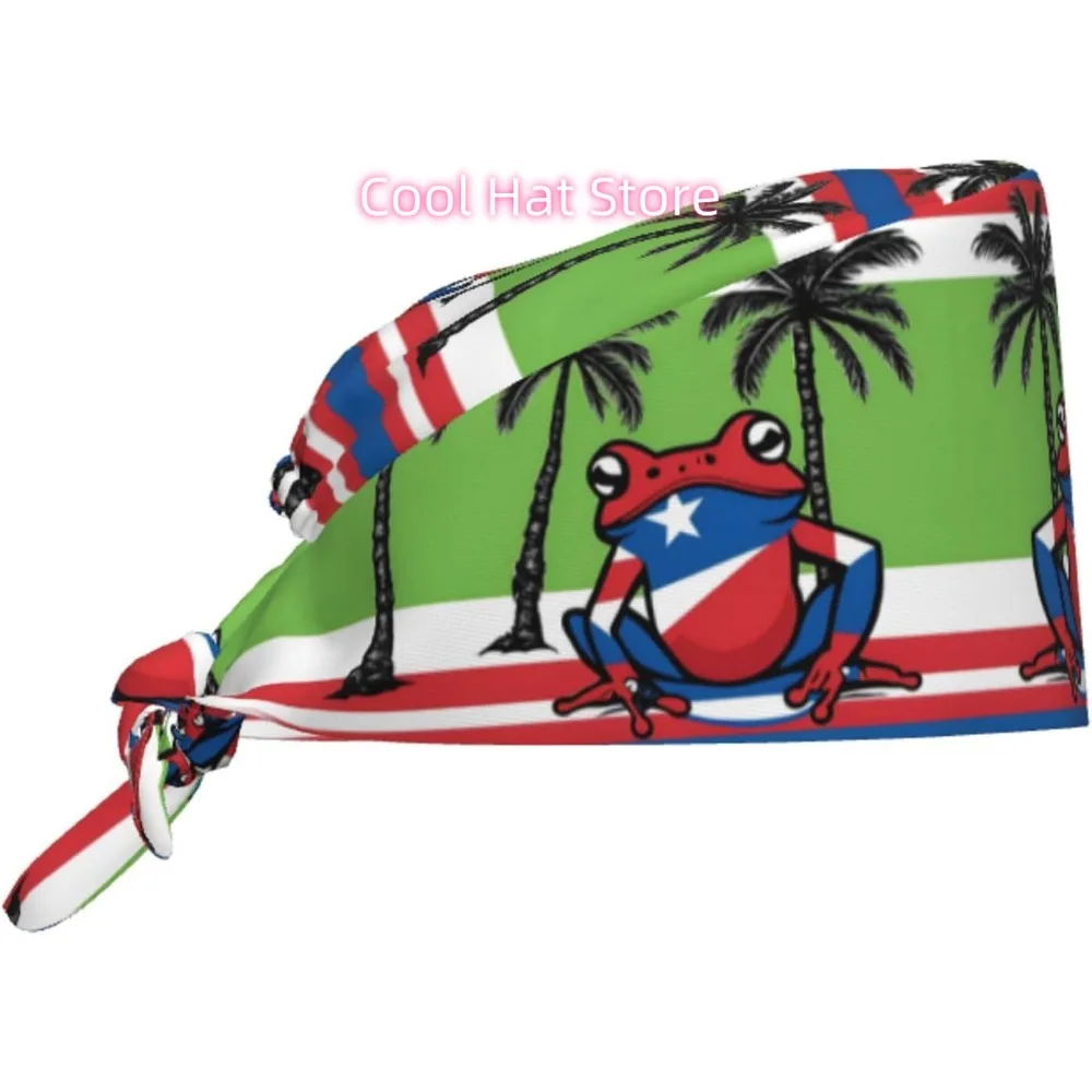 Cleaning Working Cap Puerto Rico Flag Frog Palm Trees Prints Chef Hat for Women & Men, Adjustable, Breathable Black