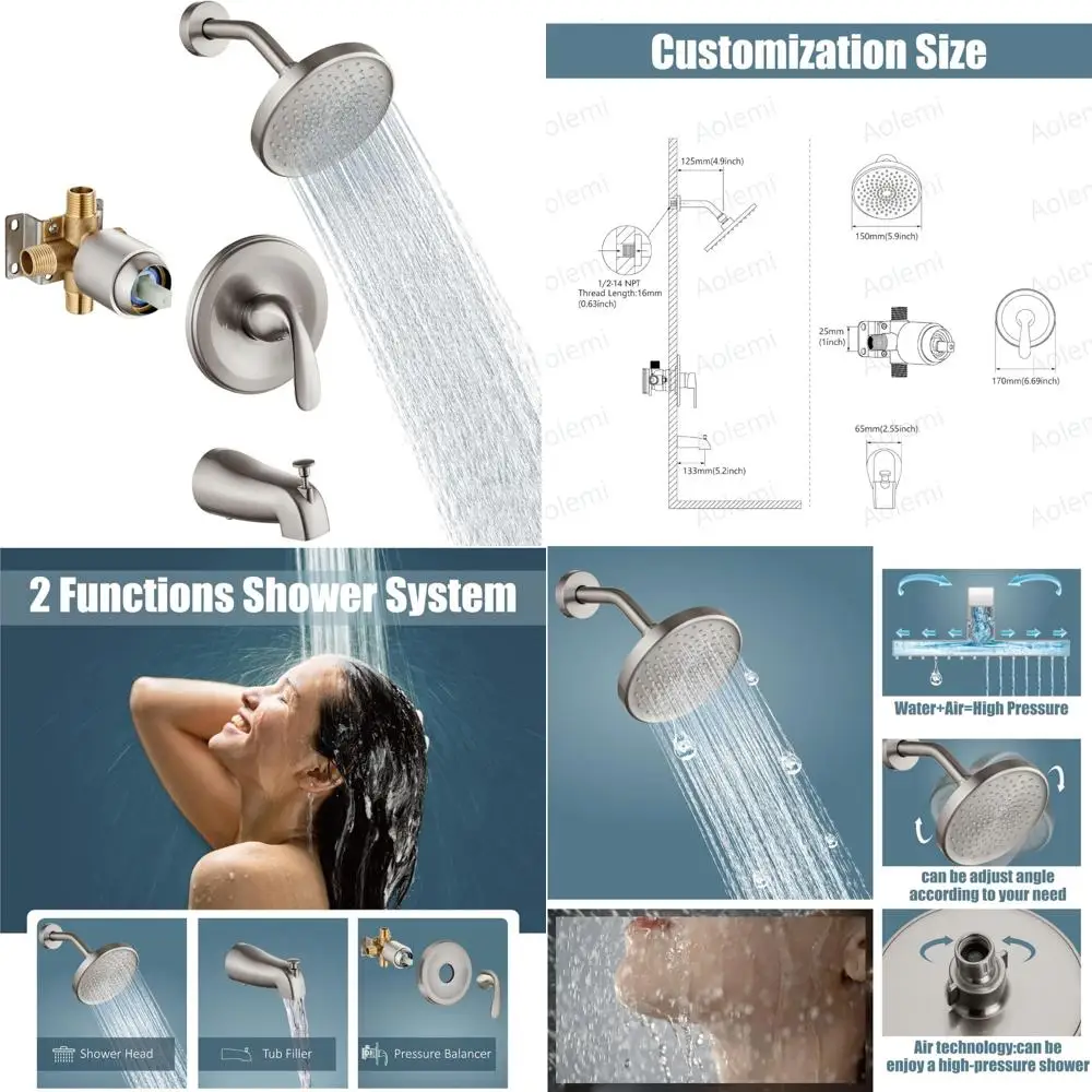 

6 Inch Wall Mount Shower Trim Kit with Single-Spray and Rough-in Valve for Bathtub Fixtures, Shower Tub Faucet Set with Long-Las