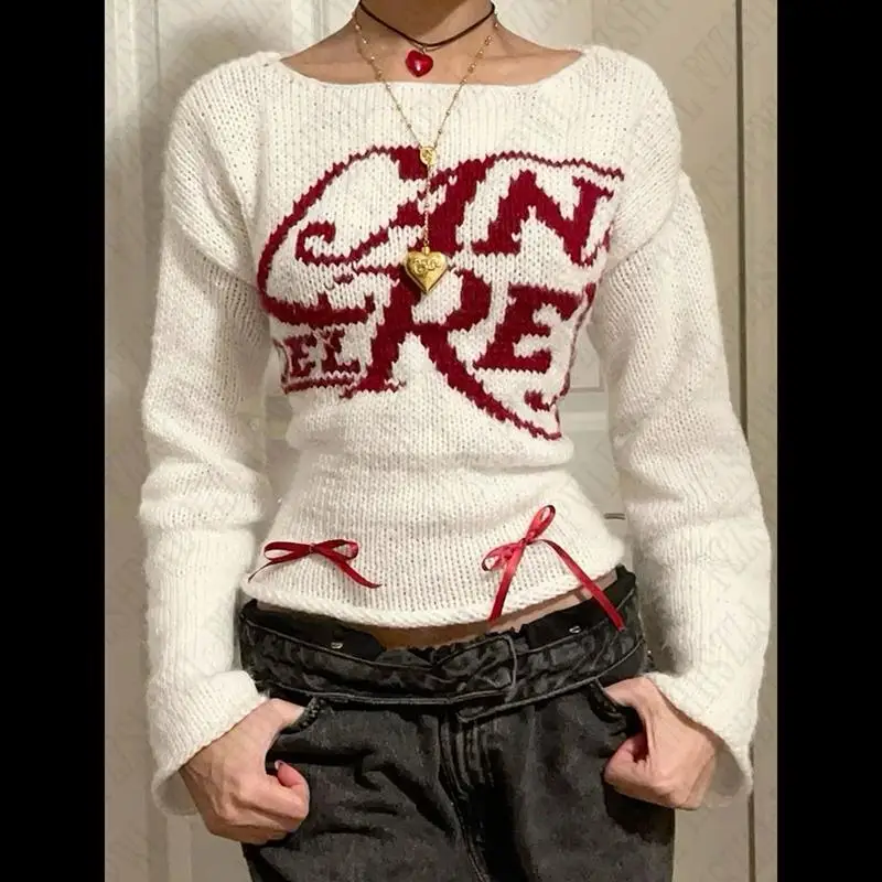 Hip Hop Vintage Y2k Knitted sweater Harajuku Letter Print Streetwear Punk Knitt Long sleeve Top Grunge Goth Casual Pullover EMO