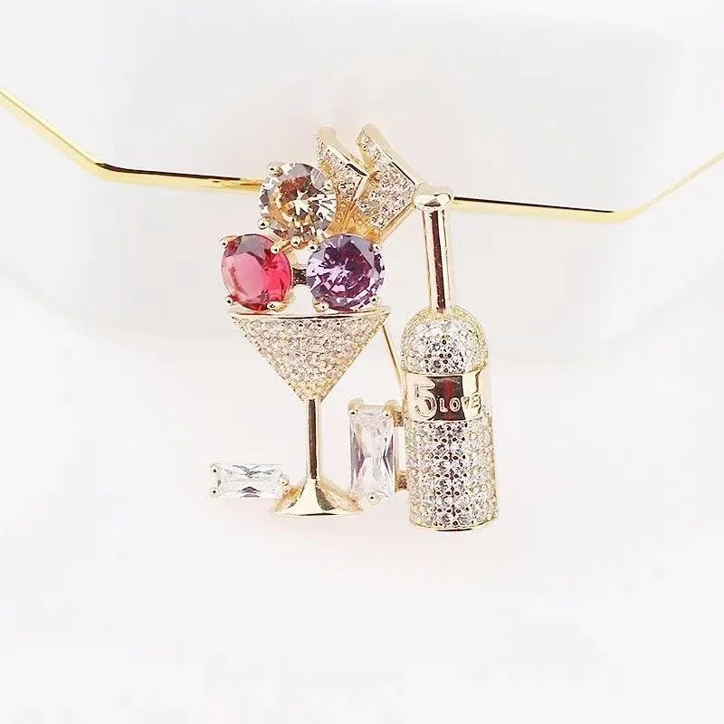 Creative Cocktail Glass Micro-inlaid Zircon Brooch Fashion Temperament Corsage Pin Trend Accessories Brooch