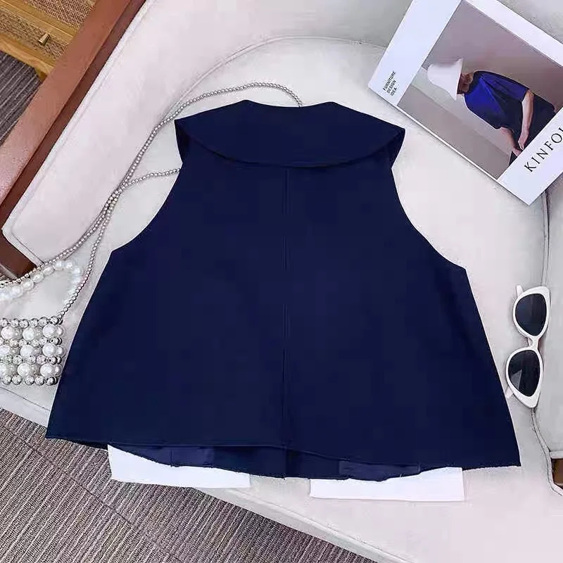 Ele Doll Kraagvest Dames Faion Eenvoudig Chic Oulder Insert Sve A-lijn Top Zomer Sle Veelzijdig Single Button C...