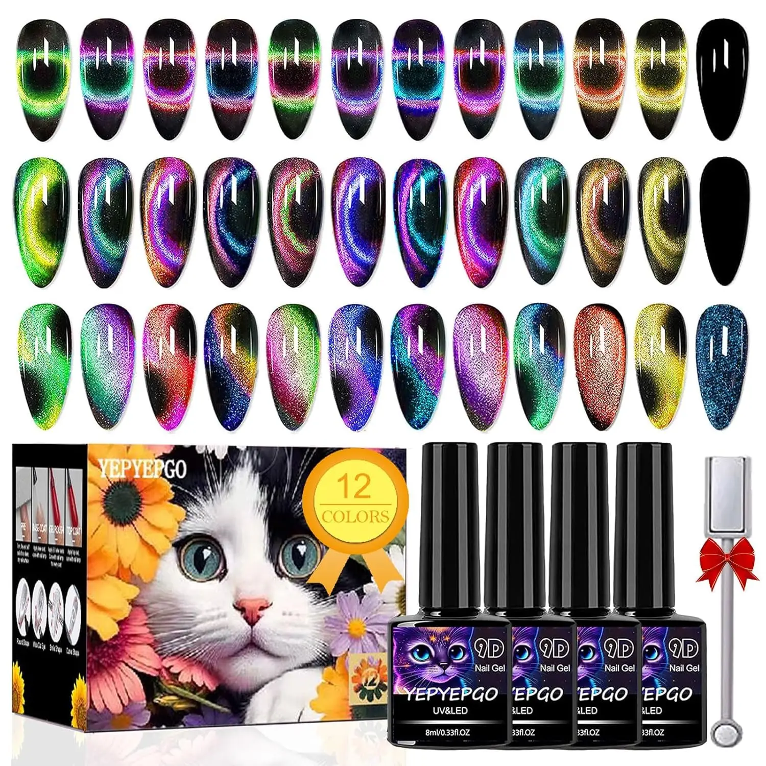 

12 Color 9D Cat Eye Gel Polish Set with Magnet, Magnetic Cateye Chameleon Galaxy Effect for Salon