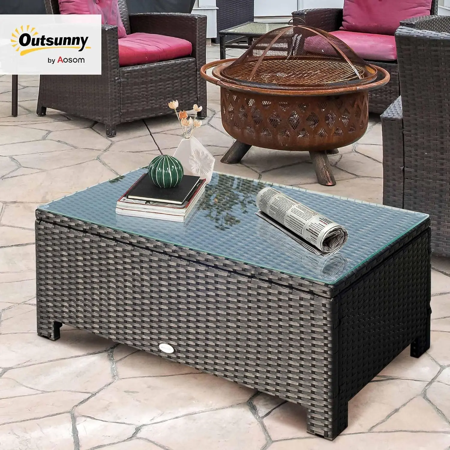 Wicker Coffee Table with Tempered Glass Top 33.5
