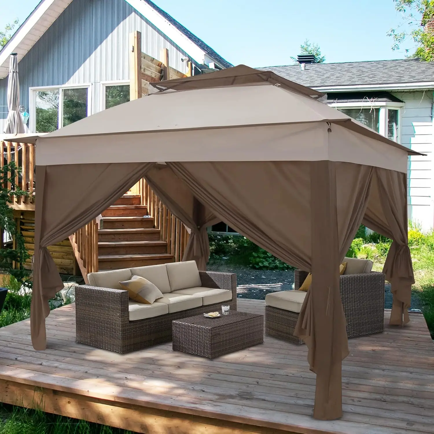

COOS BAY 11x11 Выдвижная палатка для мгновенной беседки с 4 боковыми стенками Укрытие для наружного навеса с сумкой для переноски, кольями и веревками, бежевый