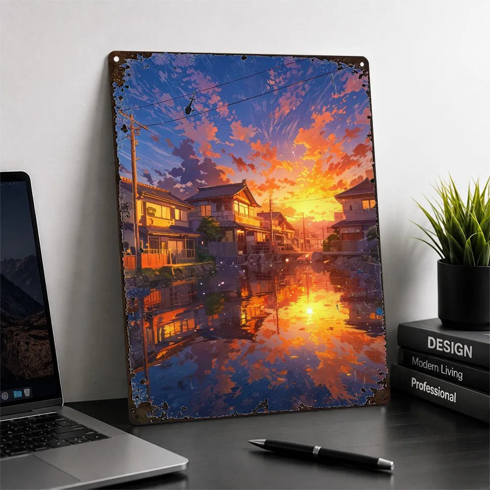 Kyoto Canal With Cherry Blossoms Textured Metal Poster Anime Wall Art For Living Room Customized Aluminum Sign Explorer Gift