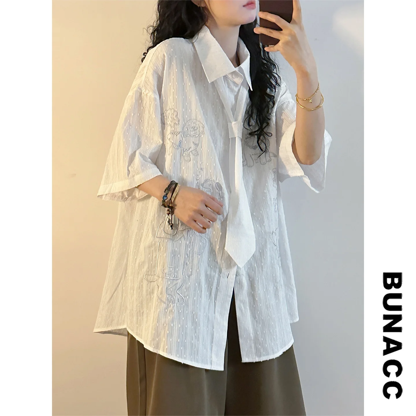 

Летняя свободная женская рубашка BUNACC2026 с коротким рукавом, вышивкой и фактурной отделкой, в стиле ретро, универсальная, для отдыха, в гонконгском стиле