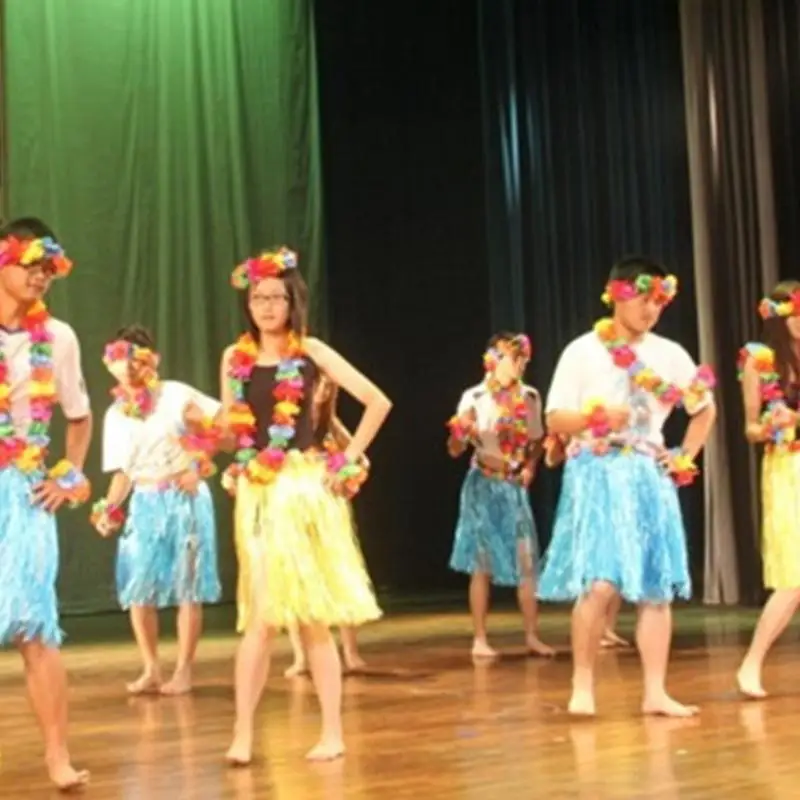 652F 5-teiliges Hawaii-Luaus-Hulas-Grasrock mit Blumenkostüm-Set, Blumenarmbänder, Stirnband, Halskette für Damen und Mädchen