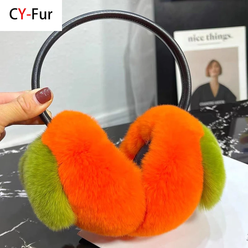 Real Fur Ear-cap Winter Women Warm Natural Rex Rabbit Fur Earmuff Lady Fashion Fluffy Pompoms Genuine Rex Rabbit Fur Earlap