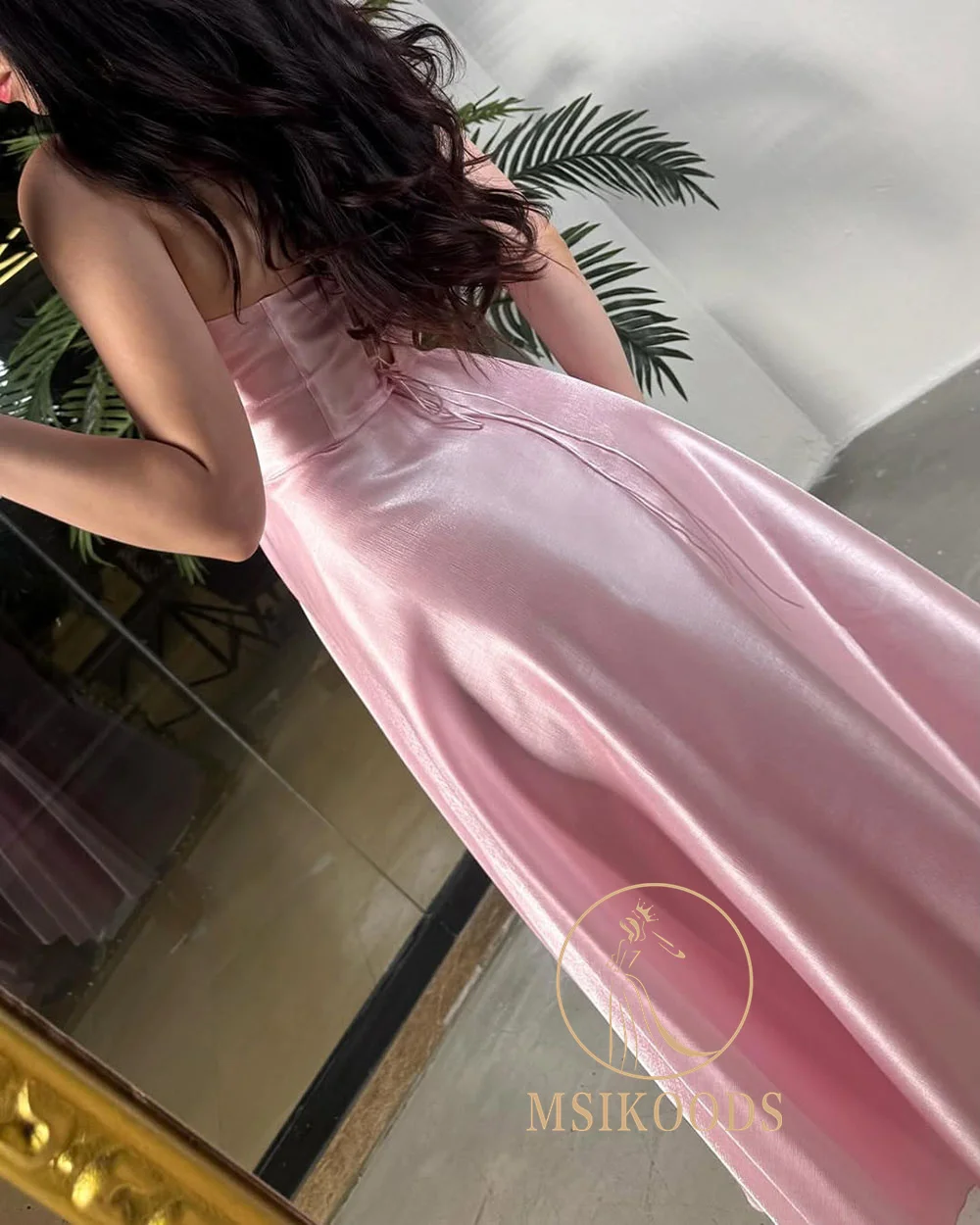 Msikoods 핑크 생일 드레스 Strapless 스팽글 새틴 댄스 파티 드레스 라인 미디 우아한 파티 드레스 공식 게스트 가운 Customizd