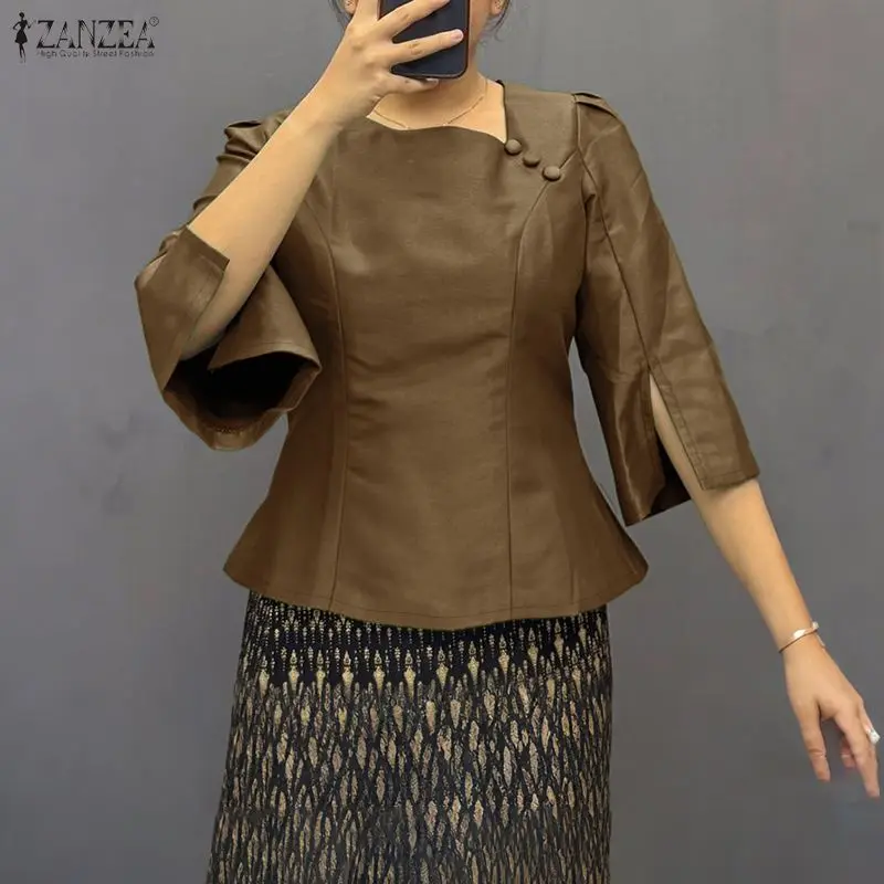 

Летняя женская блузка ZANZEA, элегантная офисная рубашка, модная туника с рукавами 3/4, повседневная однотонная свободная блузка для женщин