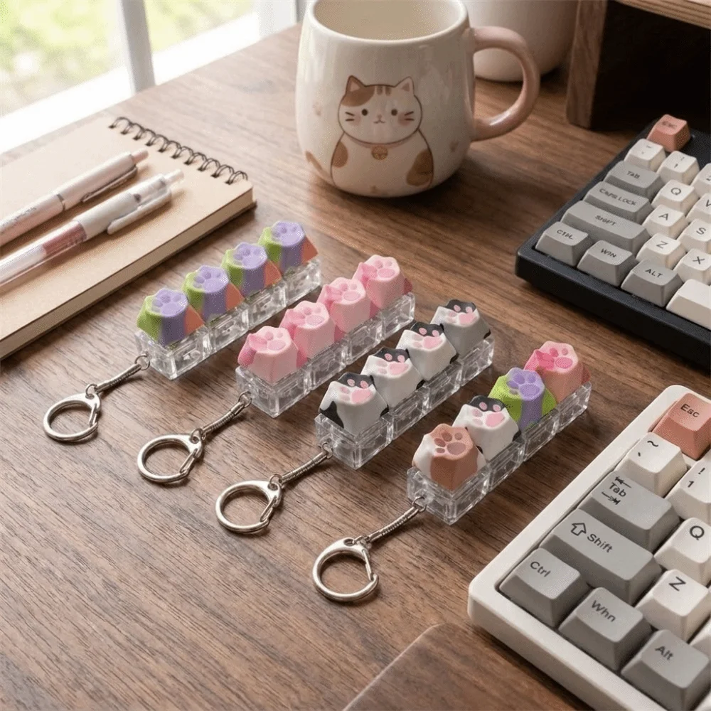 Cat Paw Fidget Keychain Portable With Light 4‑Key Keycap Bag Pendant Without Light Novelty Fingertip Pressing Keyring Collection