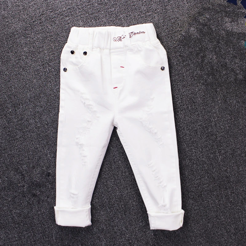 Spring & Autumn Boys White Jeans For Girls 2023 Korean Version Fashion Slim Elastic Waist Trousers Hole Casual Children\'s Pants