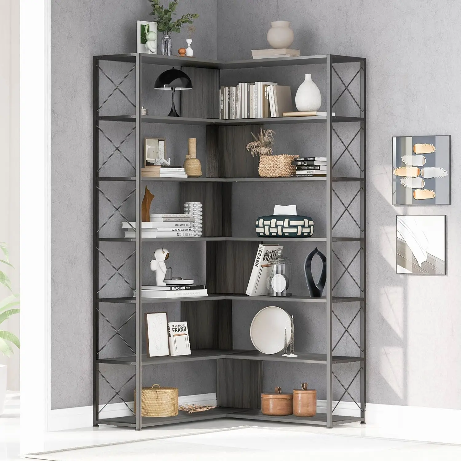 

Corner Bookcase,7-Tier L-Shaped Tall Bookshelf with Open Storage,Freestanding Industrial Etagere Shelf with Metal Frame for Home