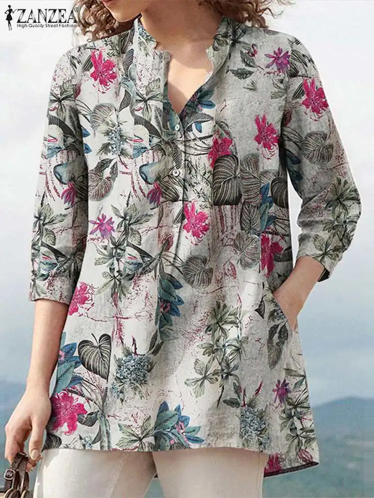 ZANZEA-Blusa Vintage de algodón con estampado Floral para mujer, camisa informal de manga 3/4 con cuello en V, estilo bohemio, talla grande, para