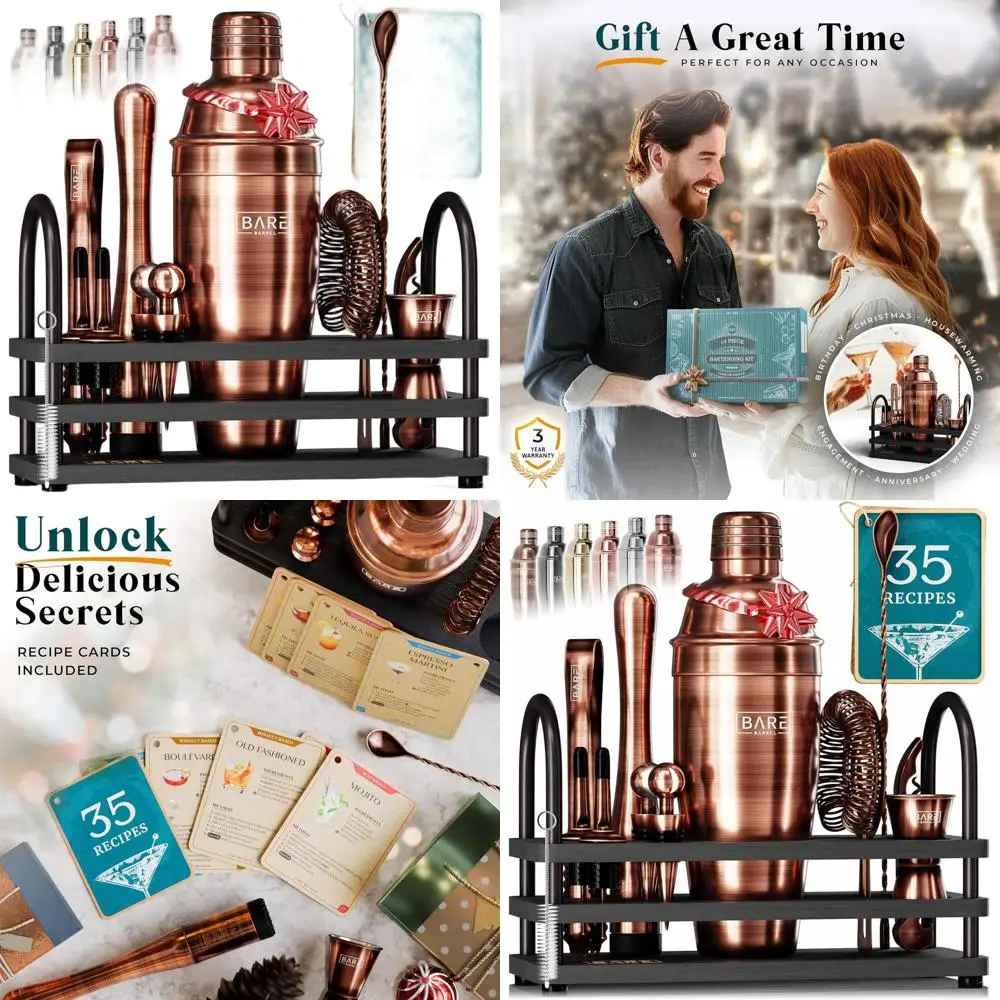 

Набор для приготовления коктейлей из 14 предметов | Набор для домашнего бармена с 35 рецептами | Медный шейкер черного цвета, 24 унции