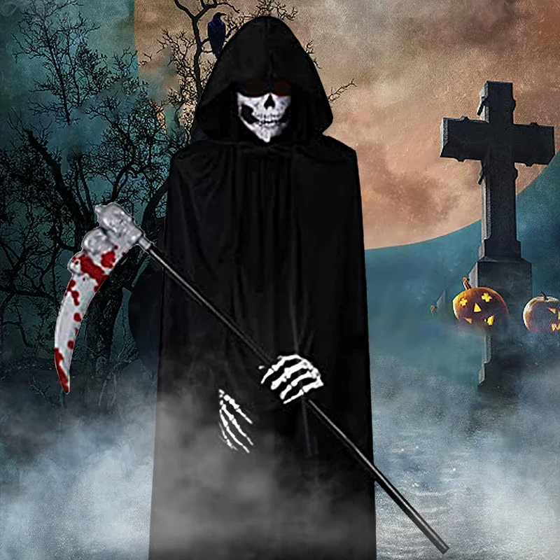 New Creative Halloween Grim Reaper Costume Unisex Cloak Kids Scary Costumes with Robe Glowing Red Eyes Hood Belt Scythe Gloves