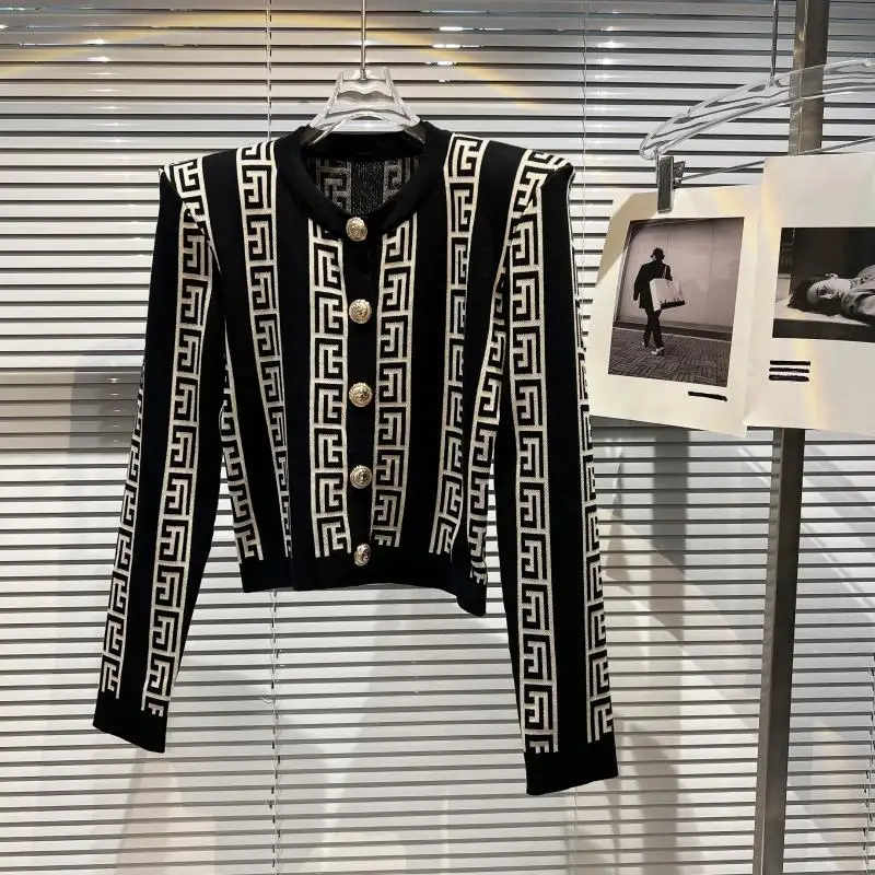 

Vintage Jacquard Letter Cardigan Women Spring Autumn Long Sleeve Knitted Sweater Elegant Tops Outwear Pull Femme