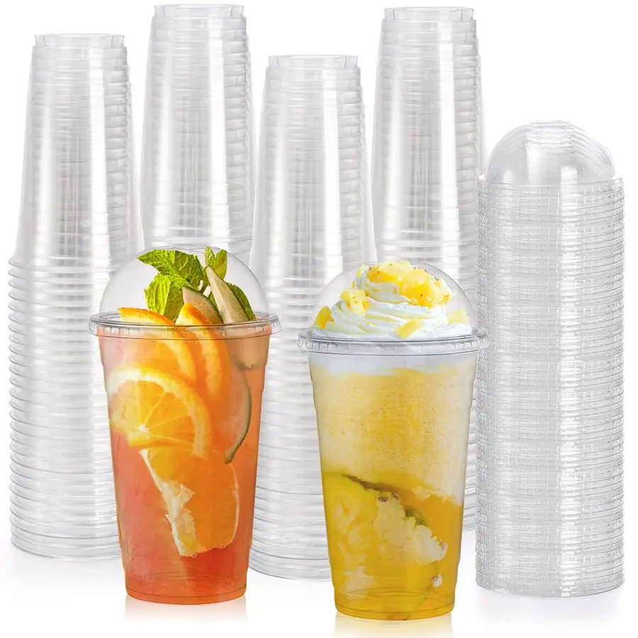 100er-Pack 24 Oz Plastikbecher mit Kuppeldeckel und Loch, Einweg-Trinkbecher für Partys, Milchshakes zum Mitnehmen, Eiskaffee, J