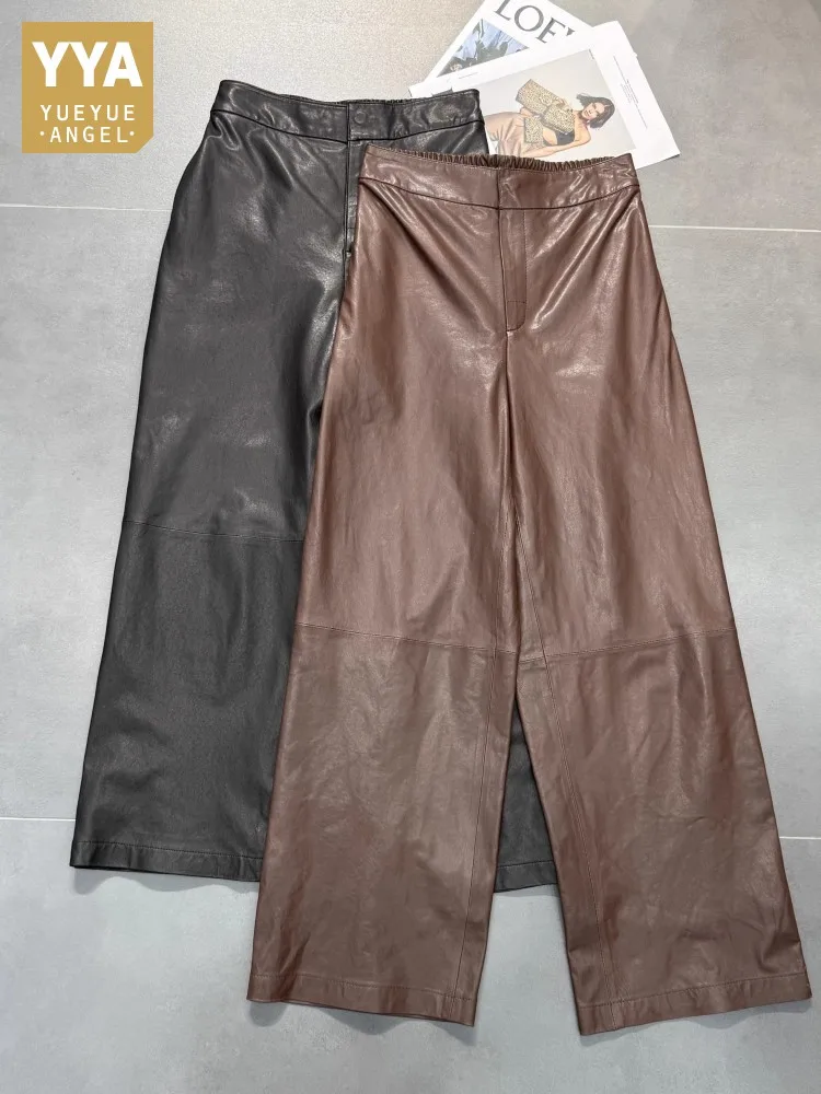 Women High Waist Natural Sheepskin Wide Leng Pants Loose Office Ladies Work Soft Genuine Leather Pants Streetwear Long Trousers