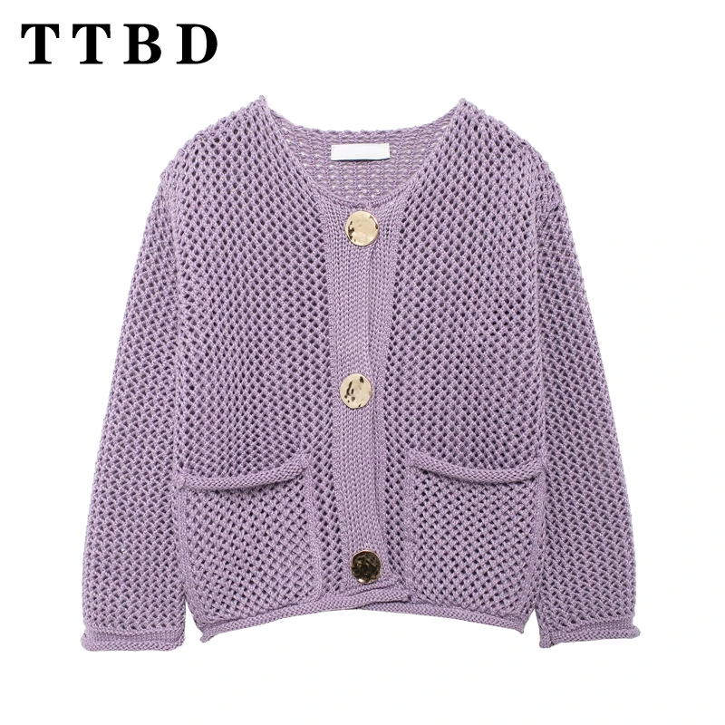 TTBD 2024 New Fall Female Vintage Solid Cardigan Women Chic Round Neck Long Sleeve Sweater Jacket Casual Knit Coat Fashion Top