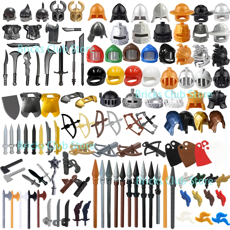 Bloques de construcción medievales militares, figuras de soldado, armas cruzadas, accesorios de caballeros espartanos, casco de espada de guerrero, juguete Tomahawk