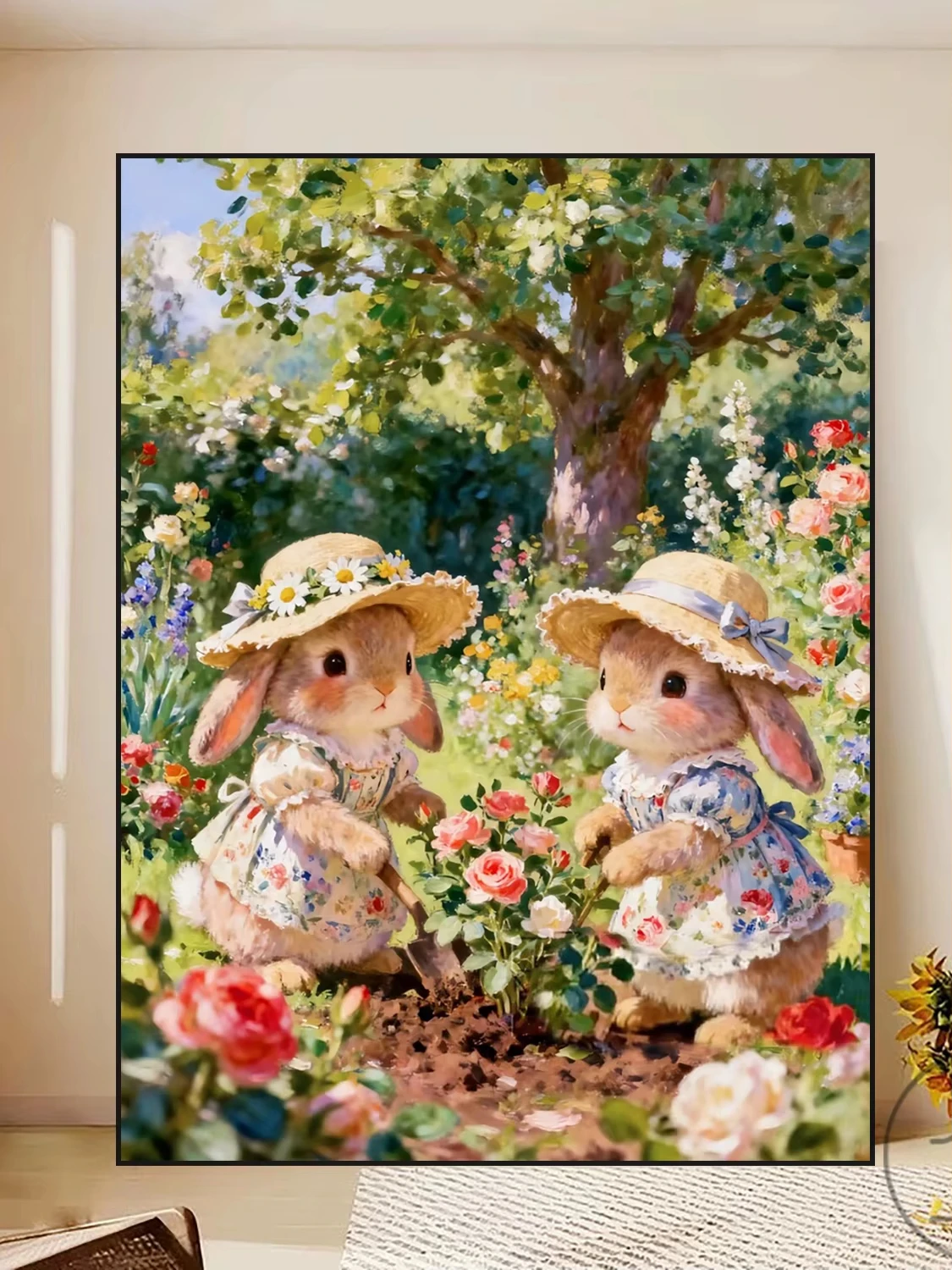 Cuadro de Pintura de Diamantes Estilo Country Rabbit para Decoración de Pared de Sala de Estar y Dormitorio, Kit de Lienzo 5D con Taladro Completo Hecho a Mano, Sin Marco