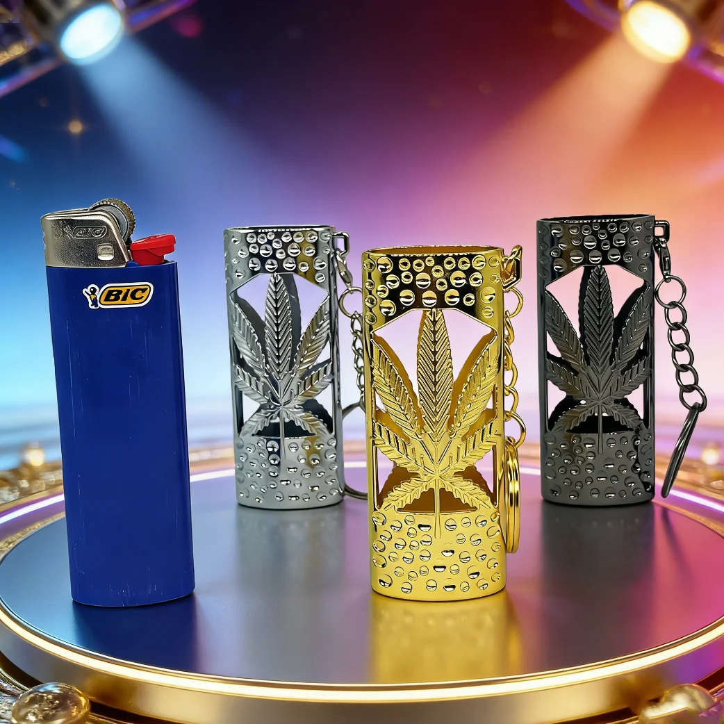 Vintage Hammered Metal Case for BIC J6 Lighter, Leaf Carved Cover with Keychain, Durable Gift Box Gold Silver - view 2