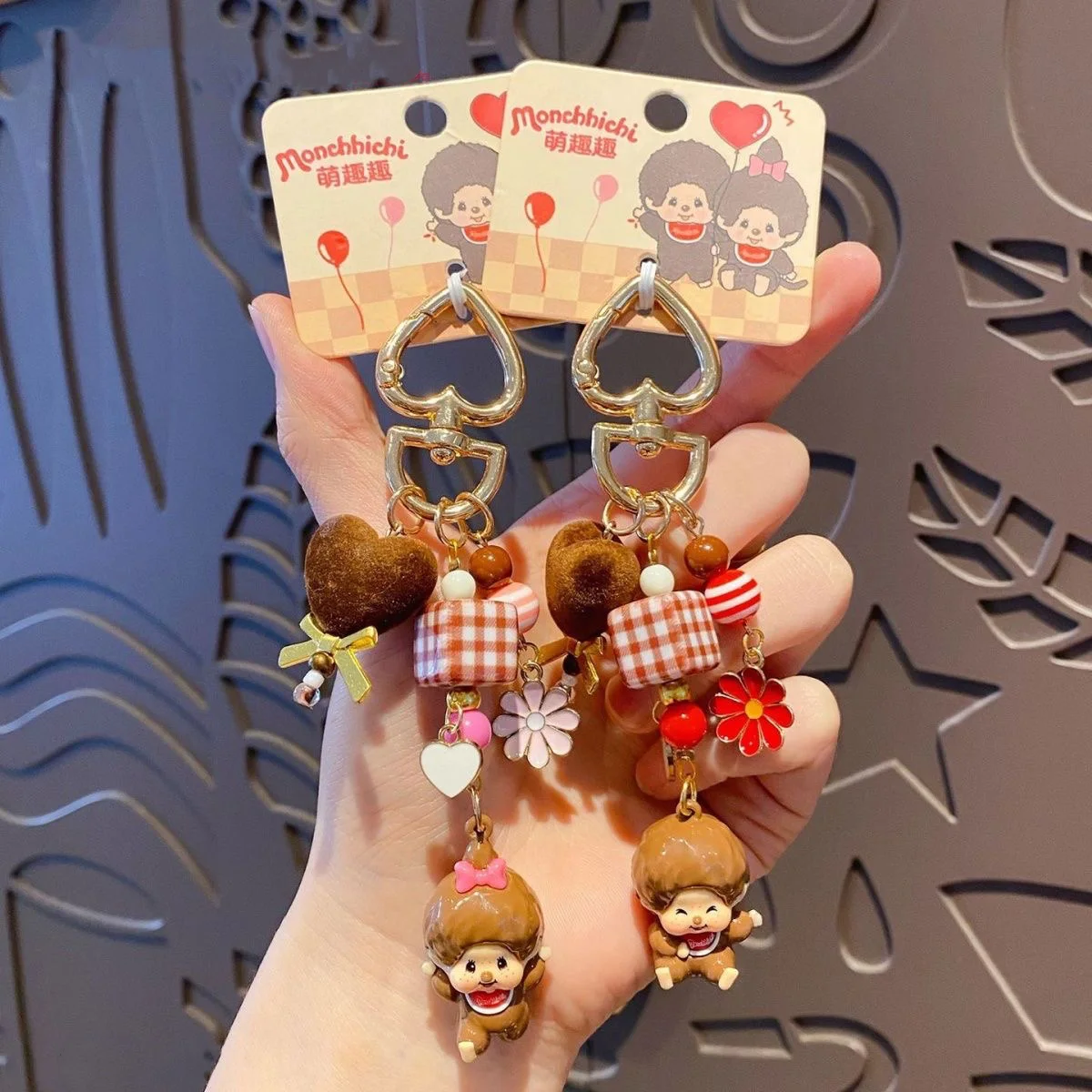 Cute Monchhichi Mini Grain Beads DIY Phone Chain Lovely Couple Keychain Backpack Bag Pendant Car Key Decor Creative Holiday Gift