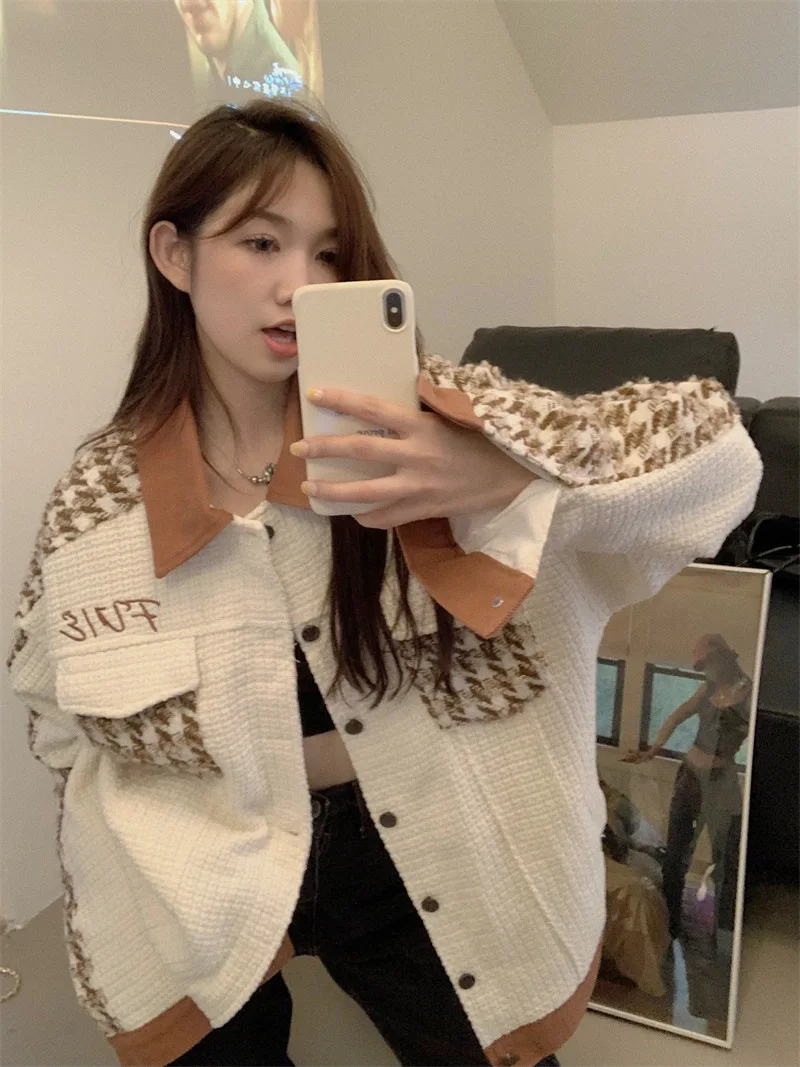 Tweed-Jacke mit Kragen, Kurzarm, Damen Frühling, Fischgrätmuster, Farbverlauf, Paneelrand, Gerade, Schmal, Puffärmel, Softshell, Elegant