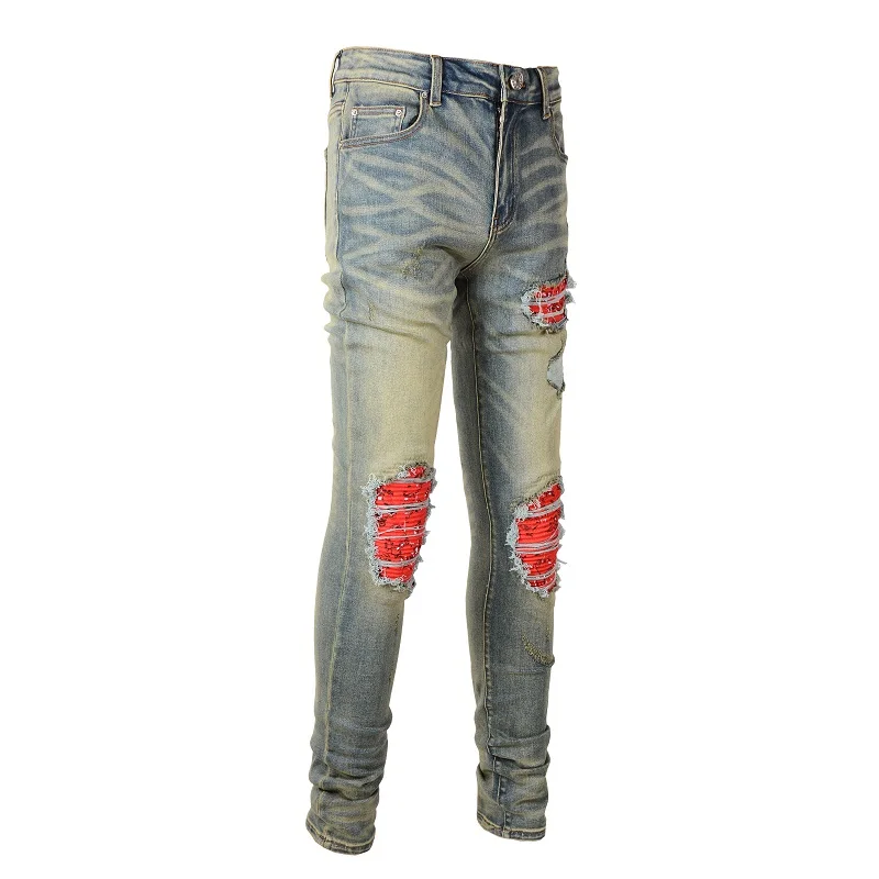 

New Arrival Men's Light Blue Distressed Skinny Stretch Streetwear Tie Dye Bandana Patchwork Destroyed Slim Fit Denim Jeans Pants
