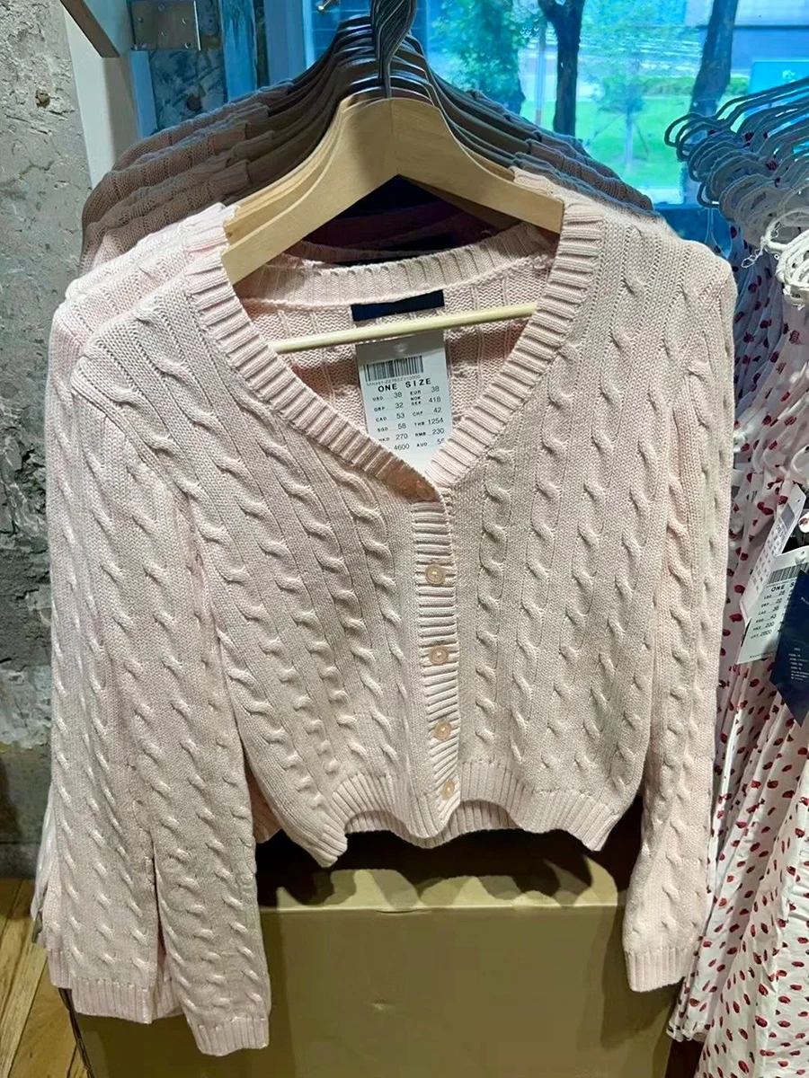 New Pink Twisted Flower Sweater Cardigan Autumn Long Sleeve V-neck Single Breasted Knitcoat Solid Simple Cotton Sweet Sweaters