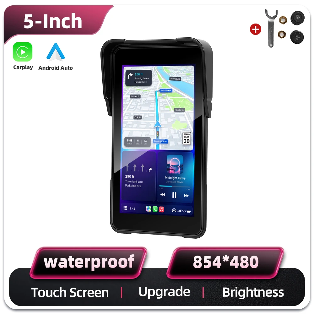 Podofo 5-Zoll-Vertikalbildschirm, intelligentes Motorrad-Display, kabelloses Carplay, Android-Auto-Navigation, IP68, wasserdicht, BT, Helligkeitseinstellung, Motorrad-Monitor, 12 V, mehrere Sprachen,