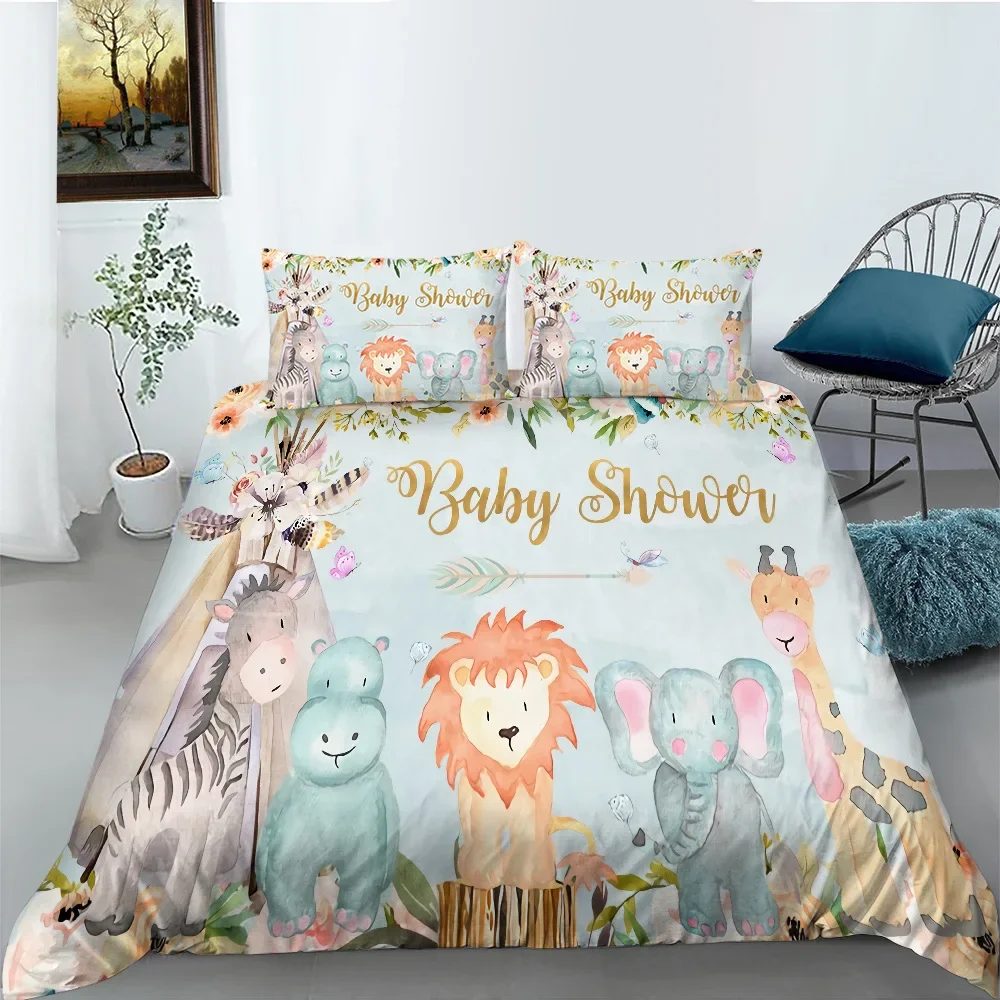 Cartoon Animal Duvet Cover King Queen Size Lovely Elephant Lion Fox Bedding Set for Kids Wildlife 2/3pcs Polyester Quilt Cover