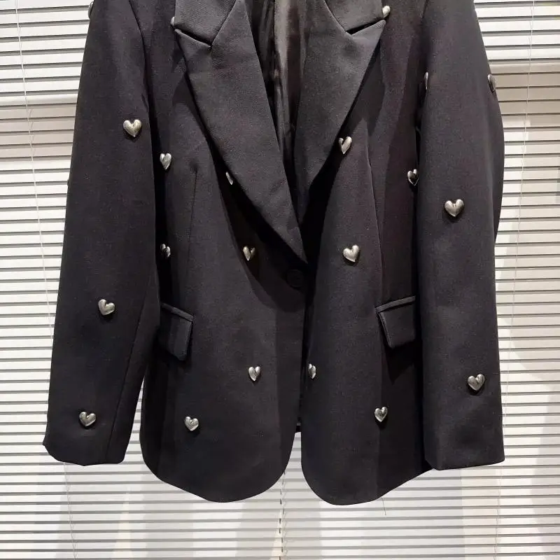 2023 Autumn Fashion 3D Love Rivet Metal Heart Studded Black Casual Jacket Blazer Long Sleeve Single Button Outwear Coats