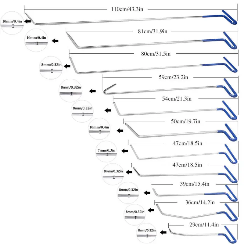 

PDR Tools 11Pcs Blue Color Rods Hooks 8mm Diameter Car Crowbar Auto Body Dent Repair Tools Paintless Dent Repair Kit