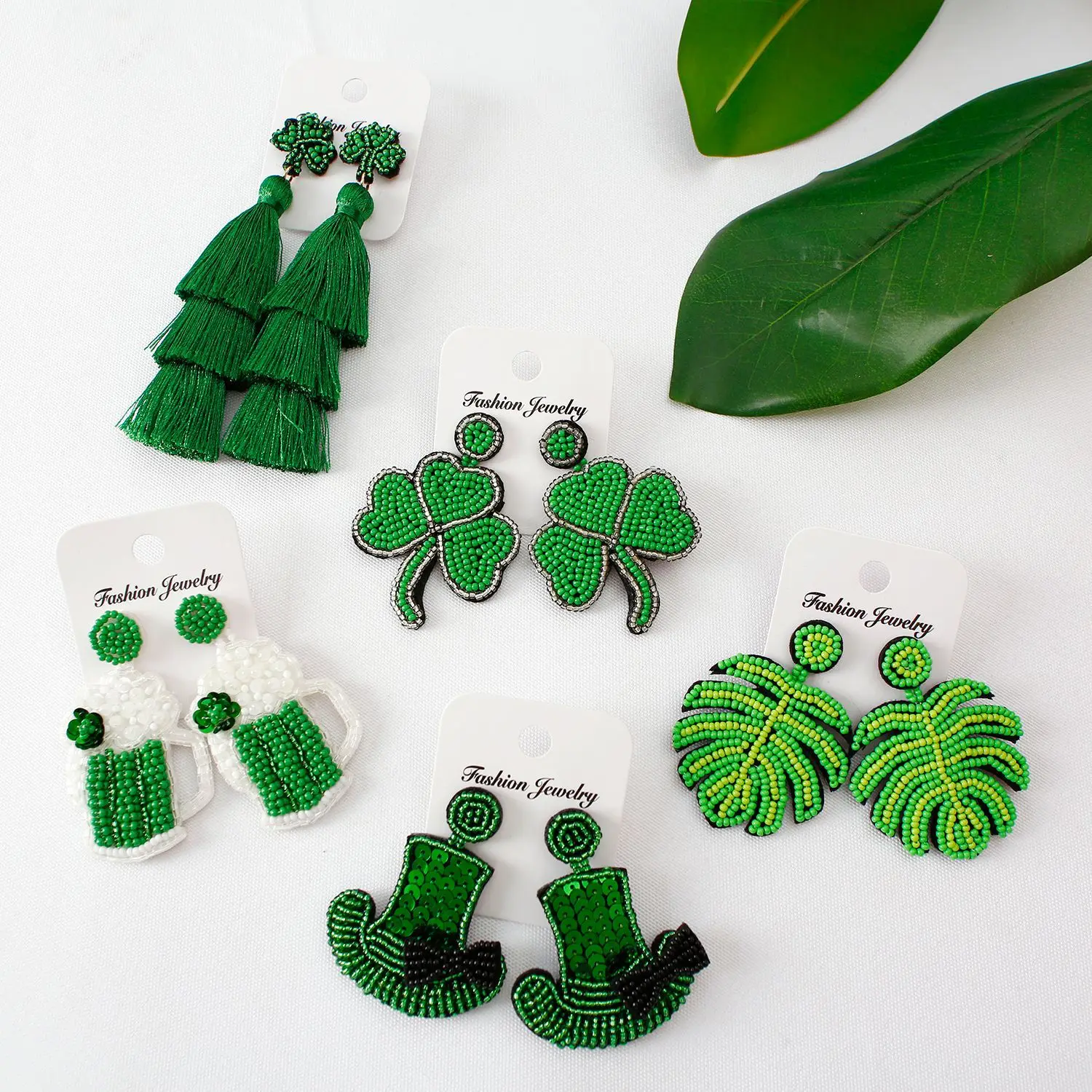 2023 New Handmade Jewelry Easter Festival Theme Green Leaf Earrings Bohemia Style Long Tassel Earrings