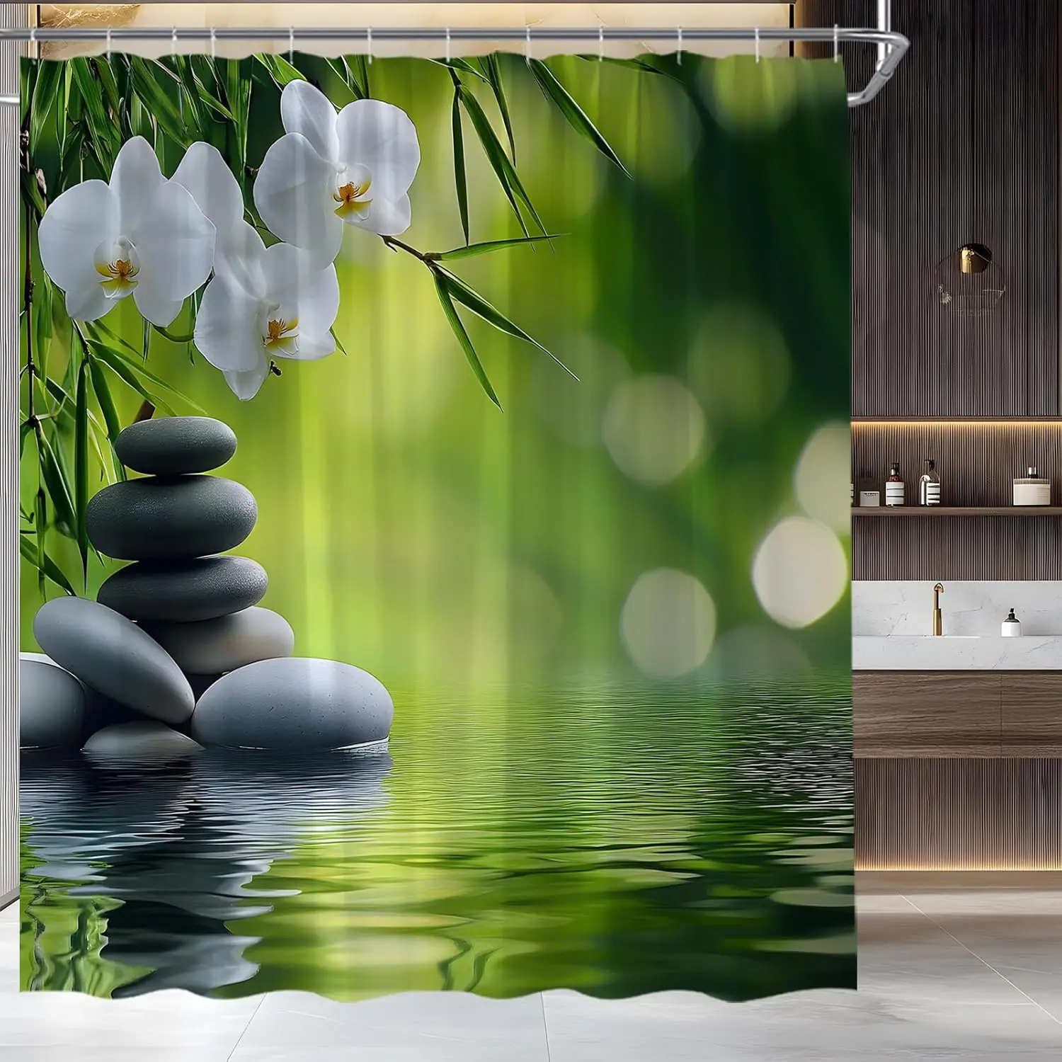 Spa Shower Curtain Zen Garden Green Bamboo Black Stone Floral Water Relax Nature Japanese Asian Fabric Bathroom Decor Set with