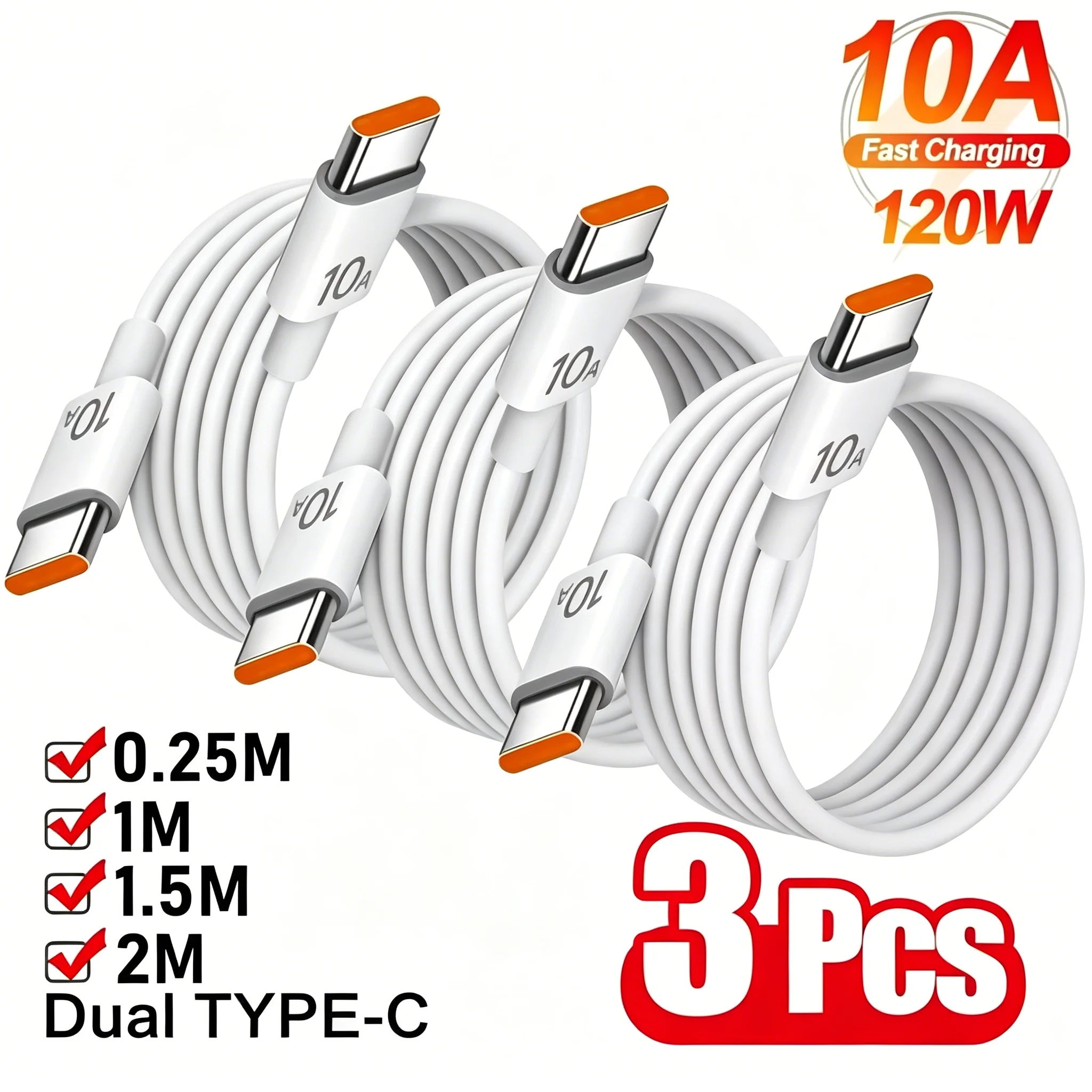 120W 10A Dual USB Type-C Fast Charging Cable PD Quick Charging Wire For iPhone Samsung Xiaomi Oneplus All Type-C Interface Phone