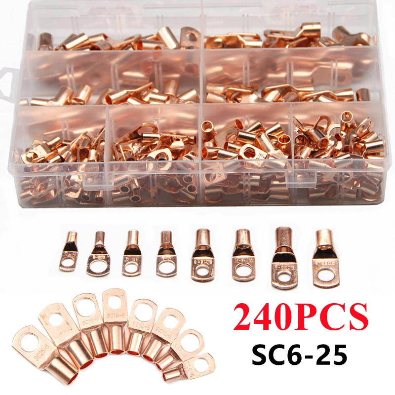 240/100/60PCS SC Type Wire Nose Terminal Bare Copper Battery Block Lugs SC6 SC10 SC16 SC25 Crimp Wire Connector Cable Lug Kit