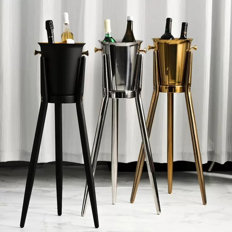 

European champagne bucket rack stainless steel KTV bar ice bucket household continuous rack ice bucket with tripod luxury red wi