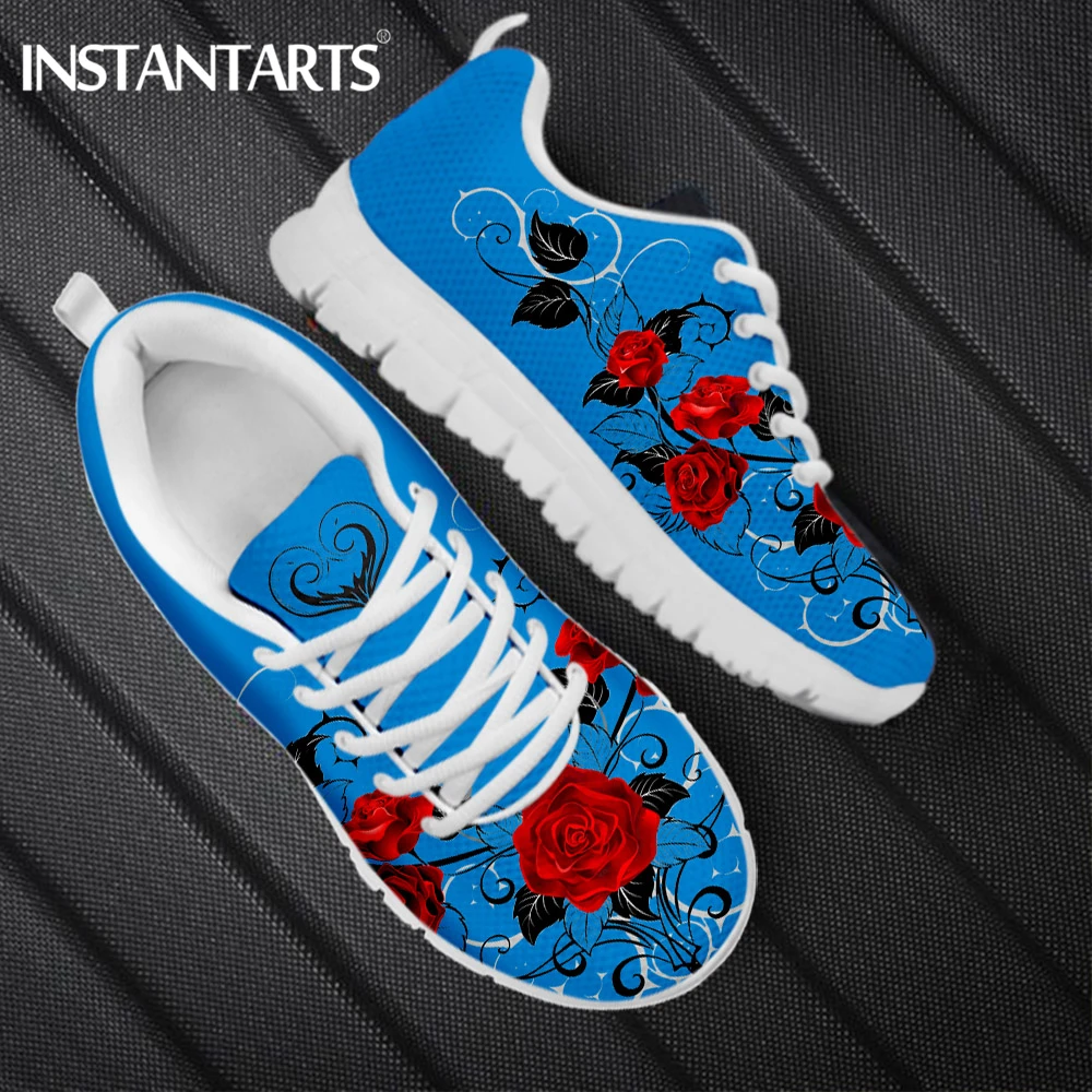 Gothic Rose Flower Printed Sneakers For Women Breathable Ladies Sport Flat Shoes Casual Vulcanize Shoes Ultra Light