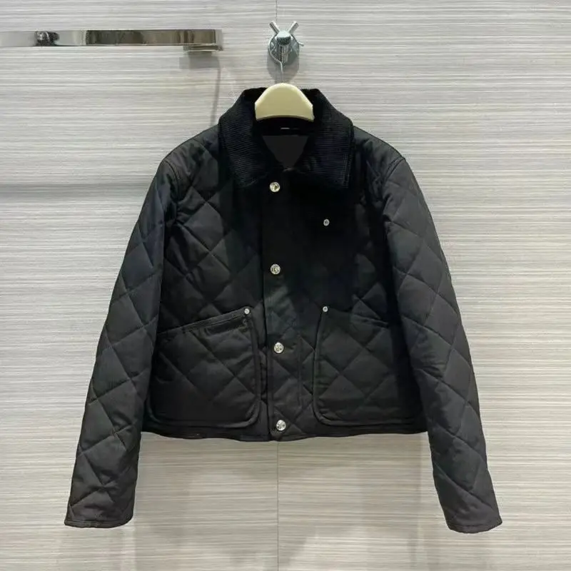 

Высококачественная женская хлопковая куртка 2024 года, осенне-зимняя новинка, с вельветовым воротником, свободного кроя, теплая, утолщенная, с ромбовидным узором, верхняя одежда