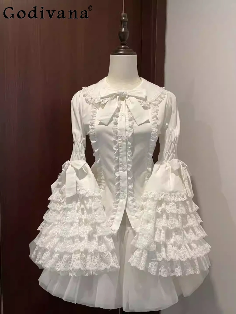 Camisa Elegante de Manga Flare com Gola Peter Pan para Meninas, Estilo Lolita, Cor Sólida com Laço
