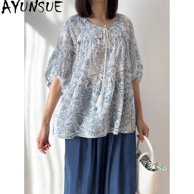 

AYUNSUE 100% Silk Women's Blouses and Shirts Vacation Style A-line Tops for Woman Summer Sweet Pullover Woman Clothes Ropa Mujer