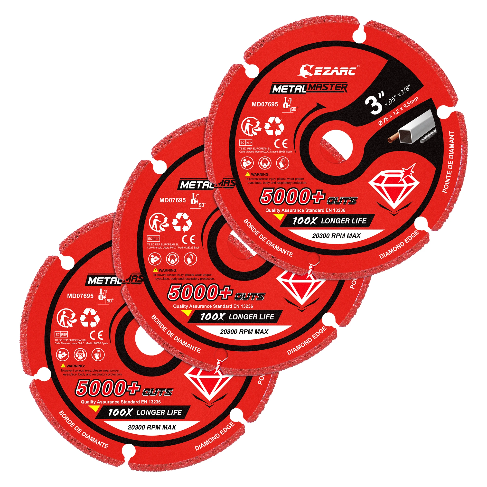 EZARC 3pcs 76mm Diamond Cutting Wheel for Metal, 3 X 3/8 Inch Cut Off Wheel with 5000+ Cuts on Rebar, Steel, Iron and INOX