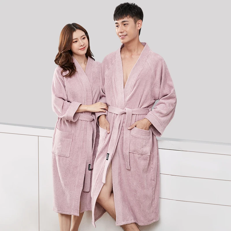 Women Hooded Towel Bathrobe 100% Cotton Winter New Thick Absorbent Terry Bath Robe Kimono Men Dressing Gown Solid Sleepwear