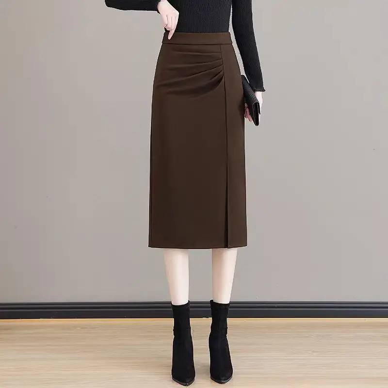 Jupe en laine pour femmes, automne hiver, taille haute, amincissante, Tube droit, hanche, mi-longue, fente, robe une étape