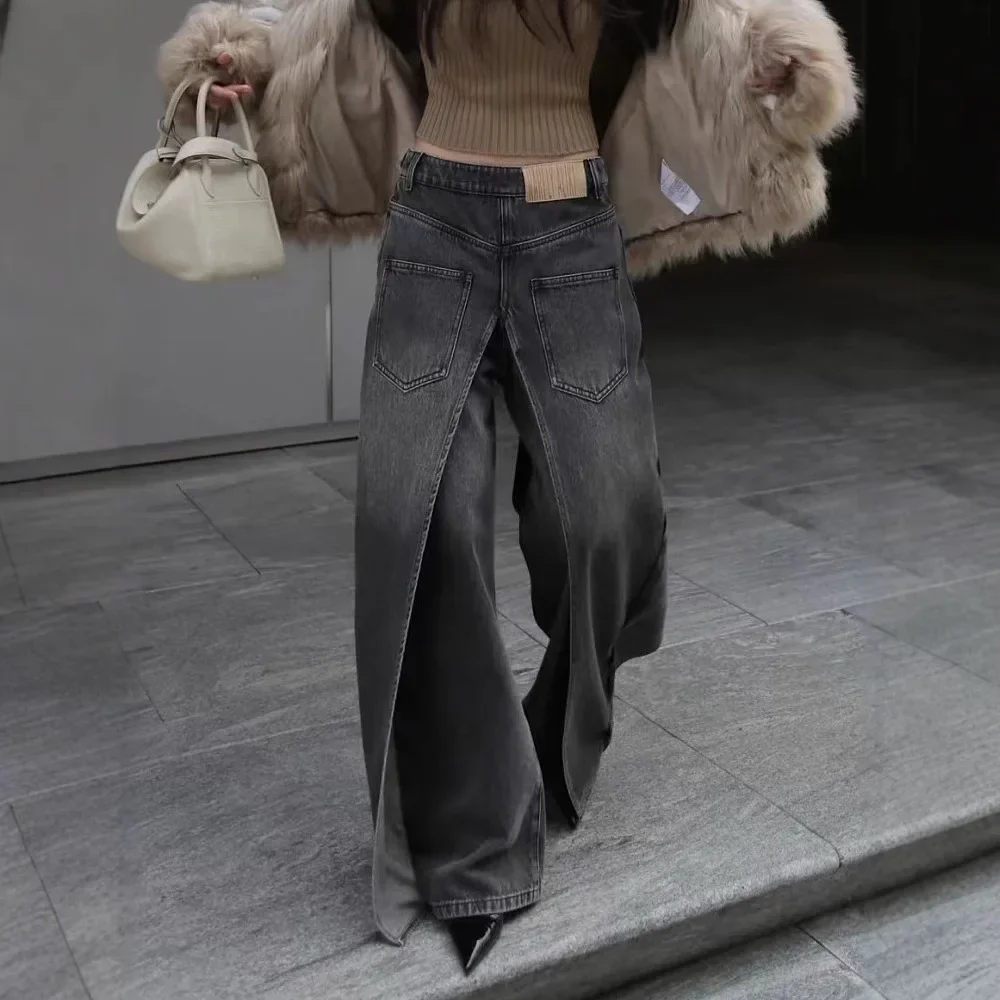 New Womens High Waisted Layered Split Wide Leg Jeans Vintage Washed Denim Pants for Streetwear