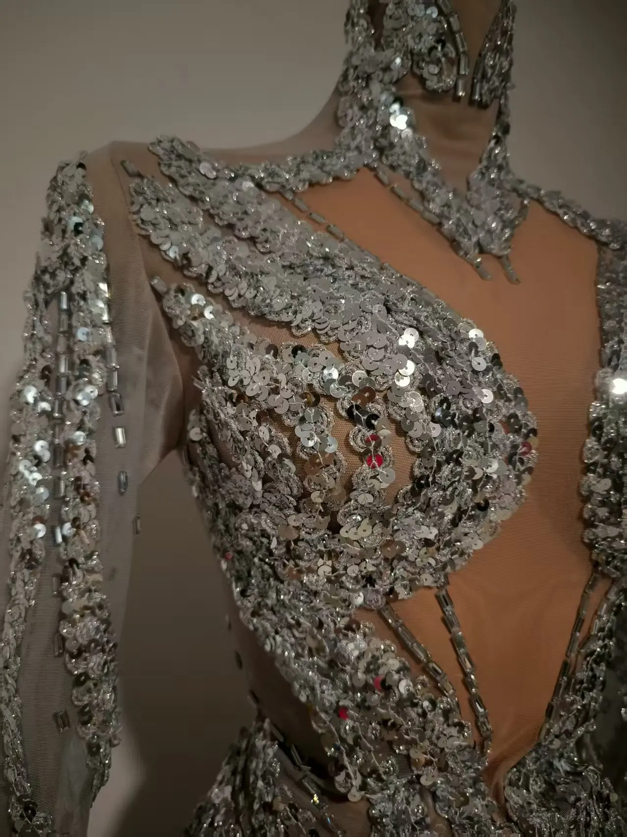 Feixiang Luxury Evening Dress Silver Glitter Sexy Perspective Mesh Dress Bar Performance Dress Christmas Homecoming Prom Gowns