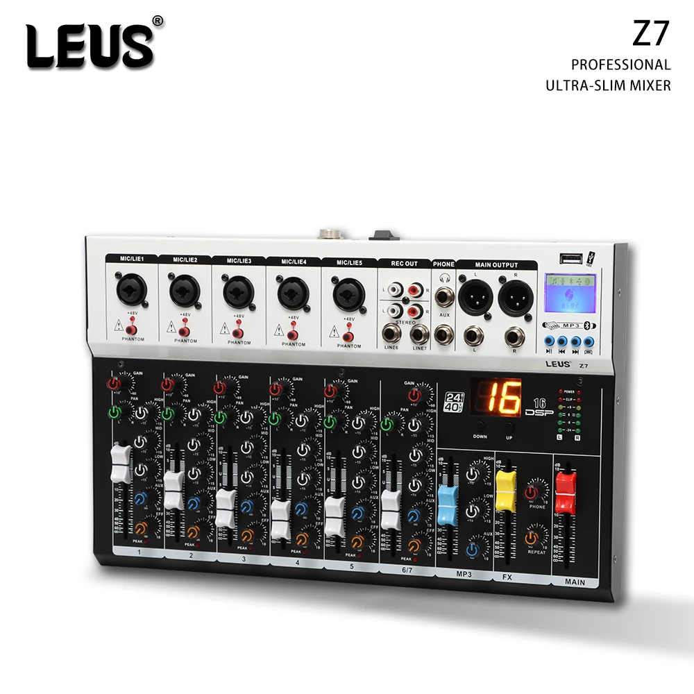 LEUS Z7 Mixing Console Audio Interface Bluetooth USB Record PC 48V Phantom Power Delay Repaeat Effect 7Channels DJ Sound Mixer